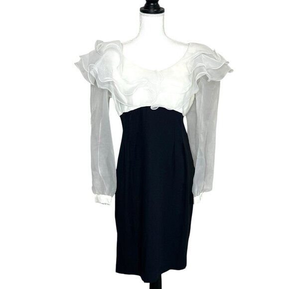 Vtg Michael Marcella 1980's Cocktail Party Ruffle Dress Black White Size 10/12 - Picture 1 of 9